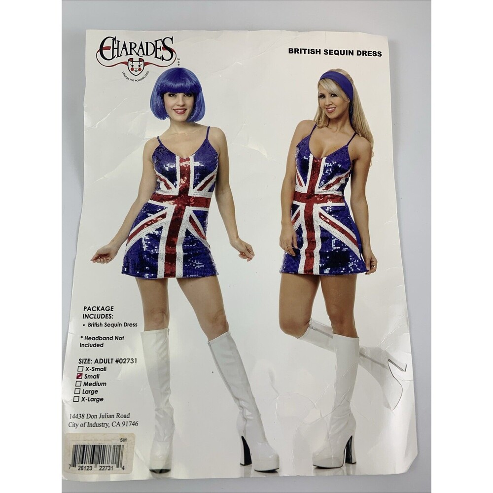 Charades British Flag Sequin Dress Costume Mini Tank V-Neck Womens Small